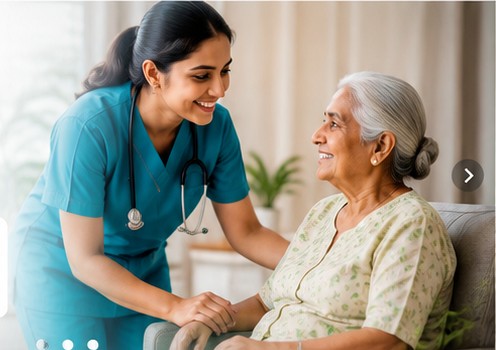 Professional nurse supporting a senior at home