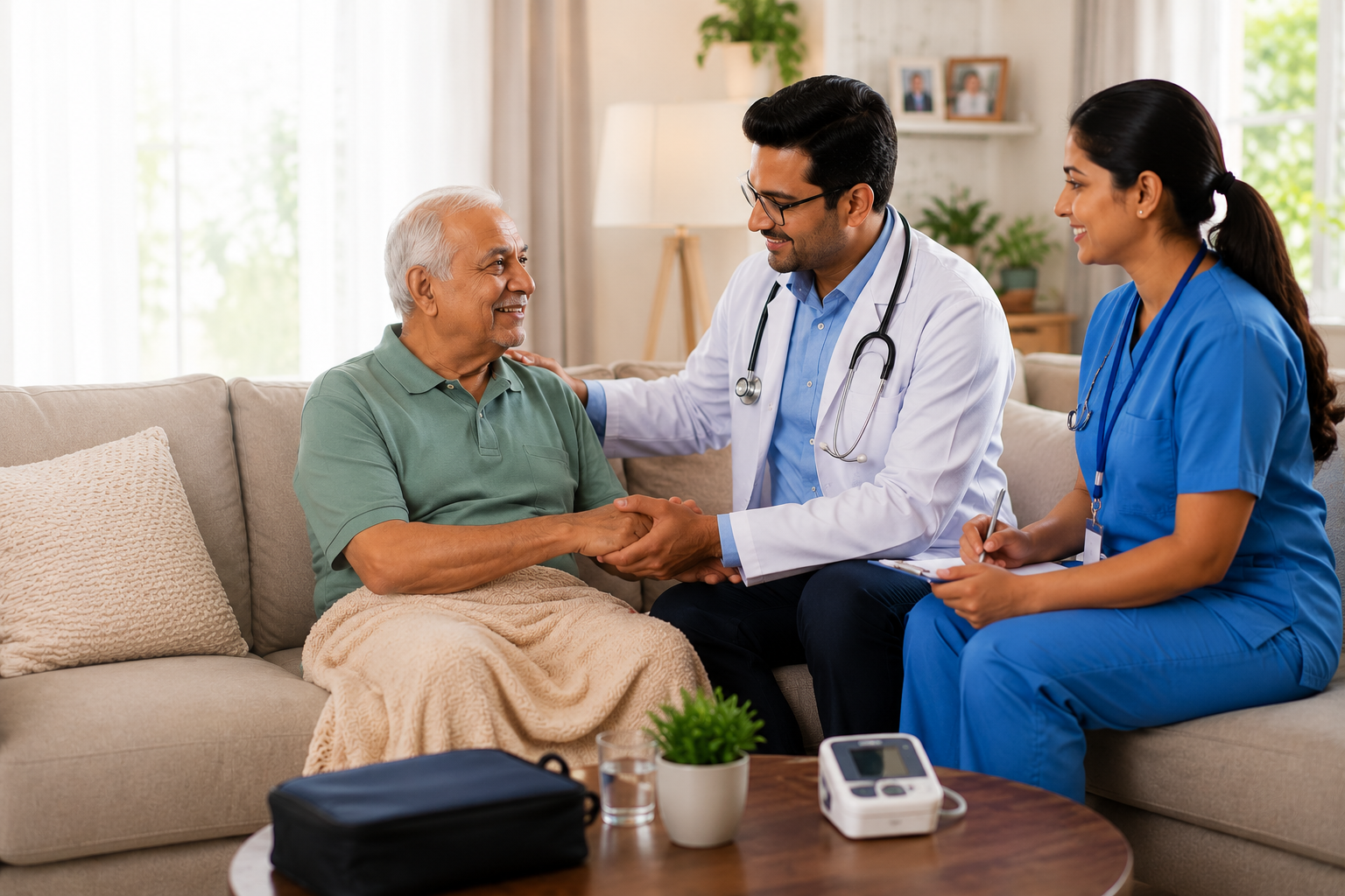 Indian senior parent with family and caregiver